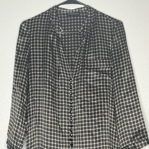 Emporio Armani Black White Check Print 100% Silk Button Front Blouse 40/ US 4 - Picture 2 of 9